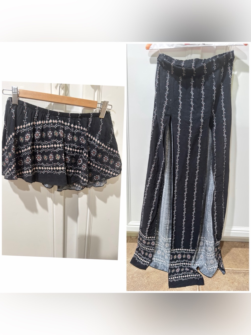 Black Patterned Wide-Leg Jumpsuit with Front Slits